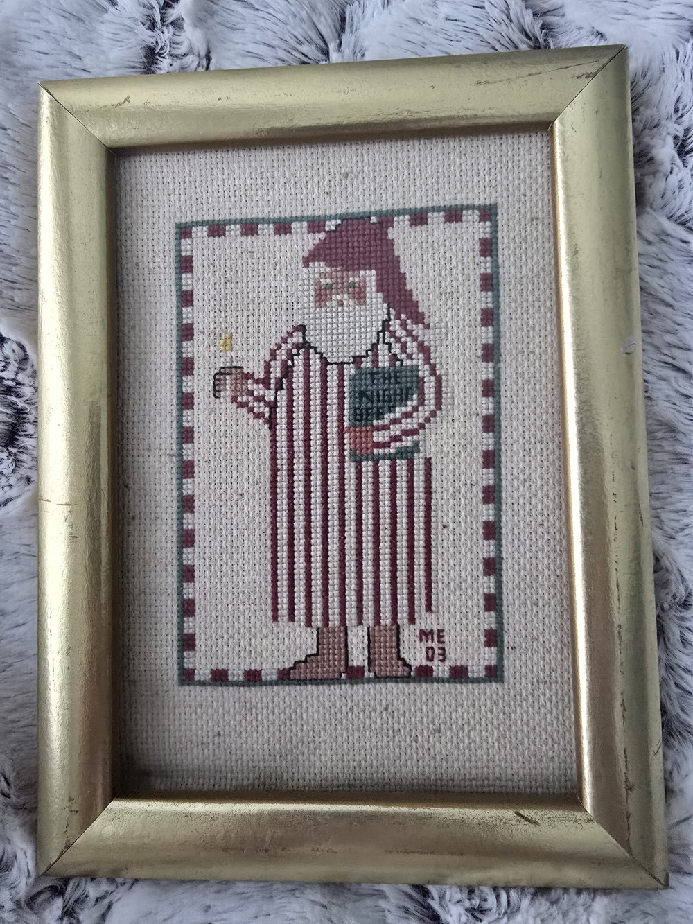 Vintage Hand-Embroidered Santa Cross Stitch in Gold Frame 6x8